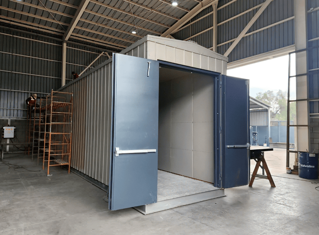 Vista interior de infraestructura modular técnica. Módulo industrial a medida con puertas abiertas para equipamiento de sala eléctrica o BESS en fábrica REMAC.